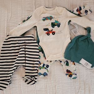 New Born Layette set with dinosaurs and trucks